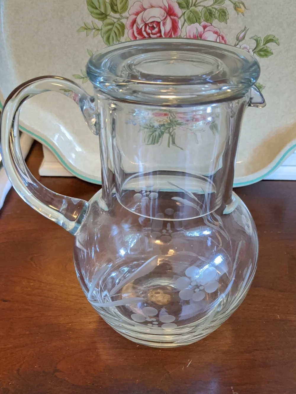 Vintage Floral Etched Glass Water Pitcher With Lid 7 Inches Tall
